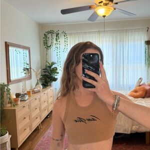 Tan Ribbed Crop Top with Black Script